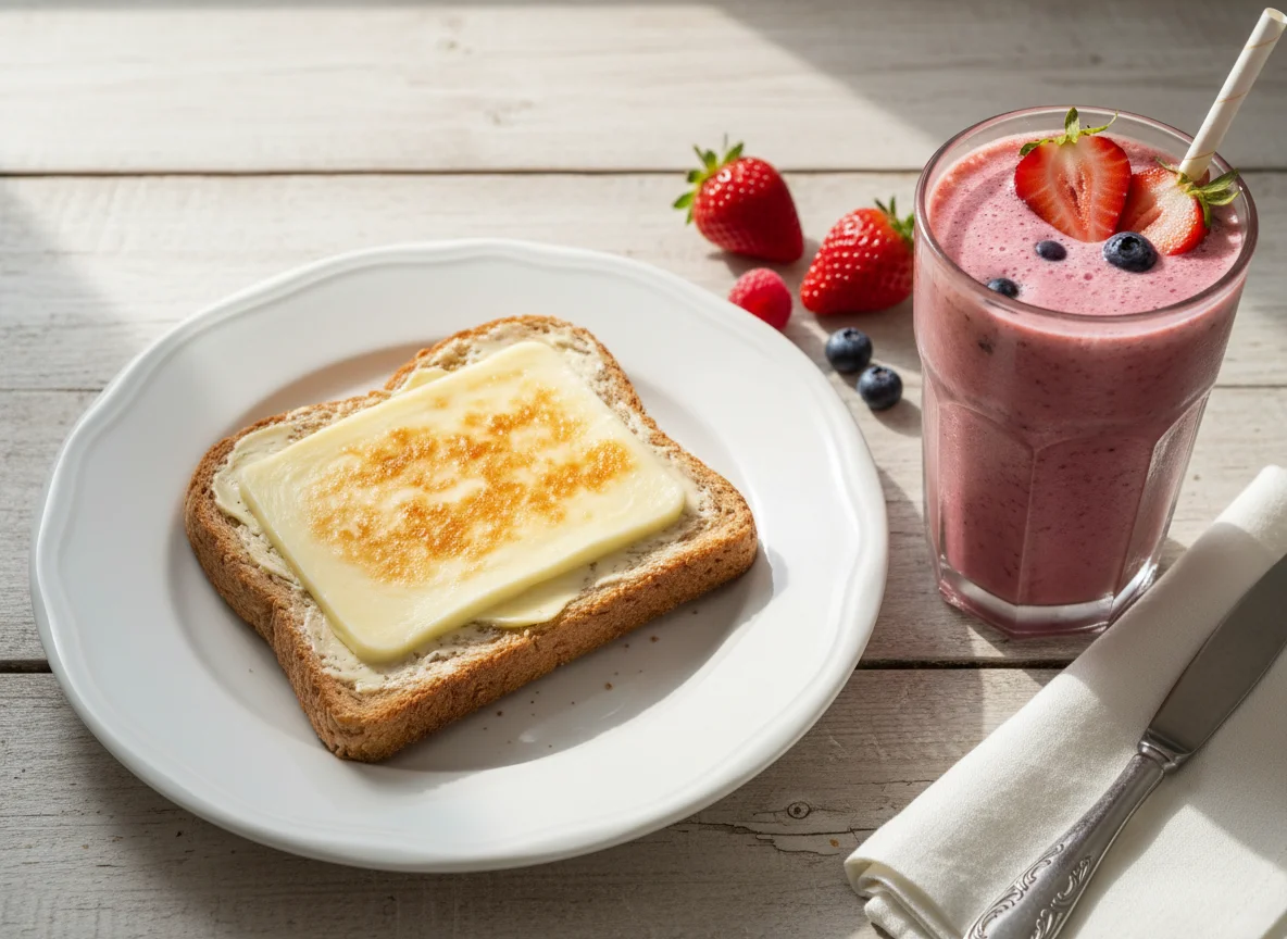 Torrada com queijo e vitamina de frutas vermelhas photo