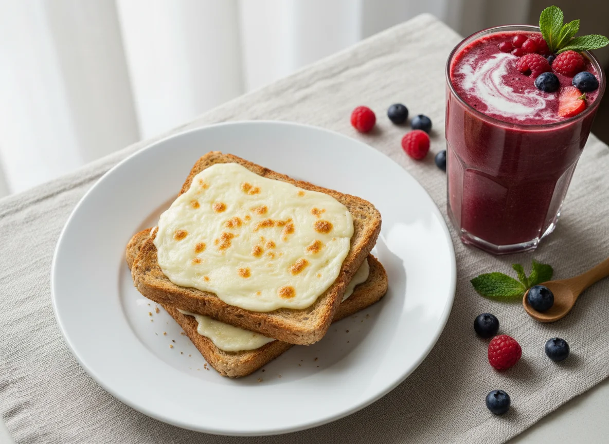 Torrada com queijo e vitamina de frutas vermelhas com whey protein photo