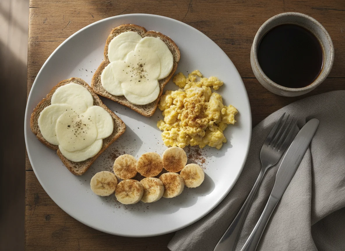Torrada com queijo, ovos mexidos, banana e café photo