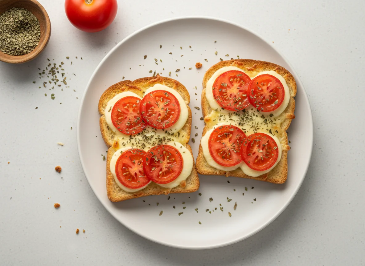 Torrada com queijo, tomate e orégano photo