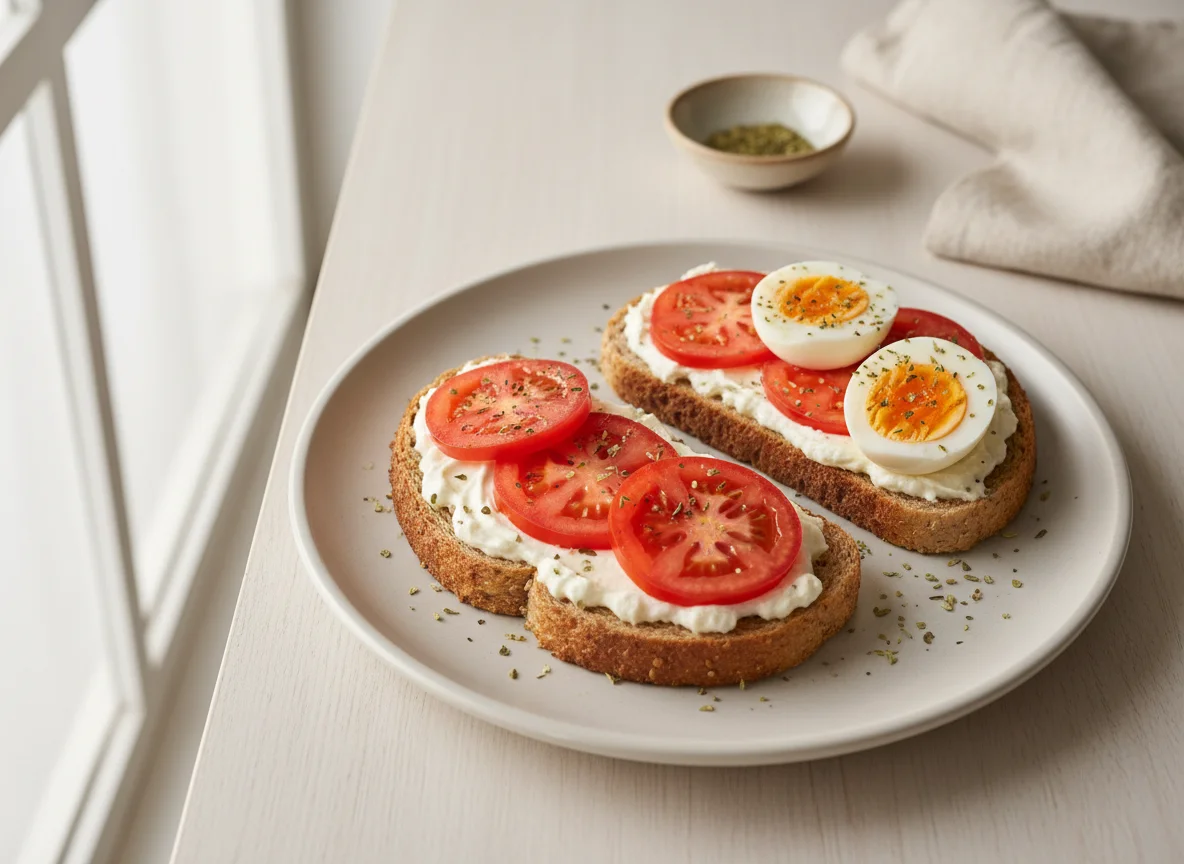 Torrada com requeijão, tomate e ovo cozido photo