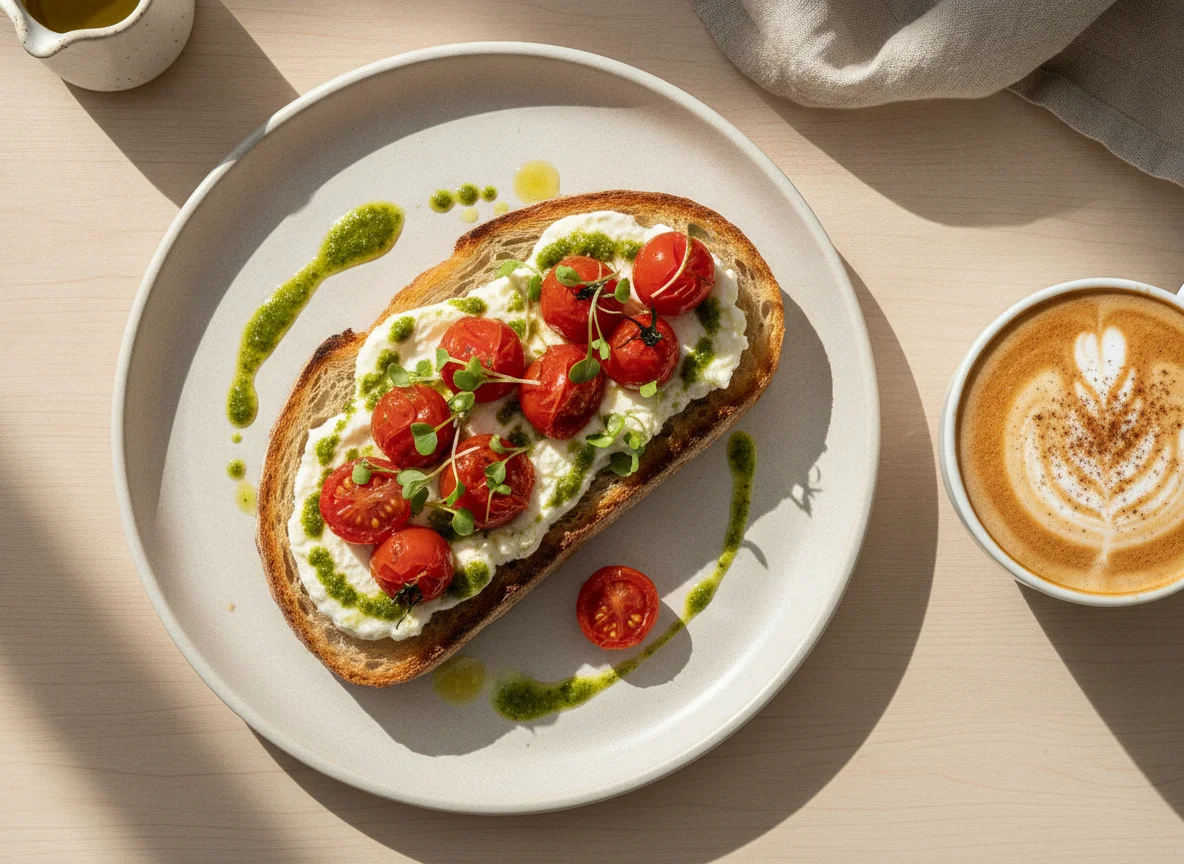 Torrada com Tomate Confit, Queijo e Pesto photo