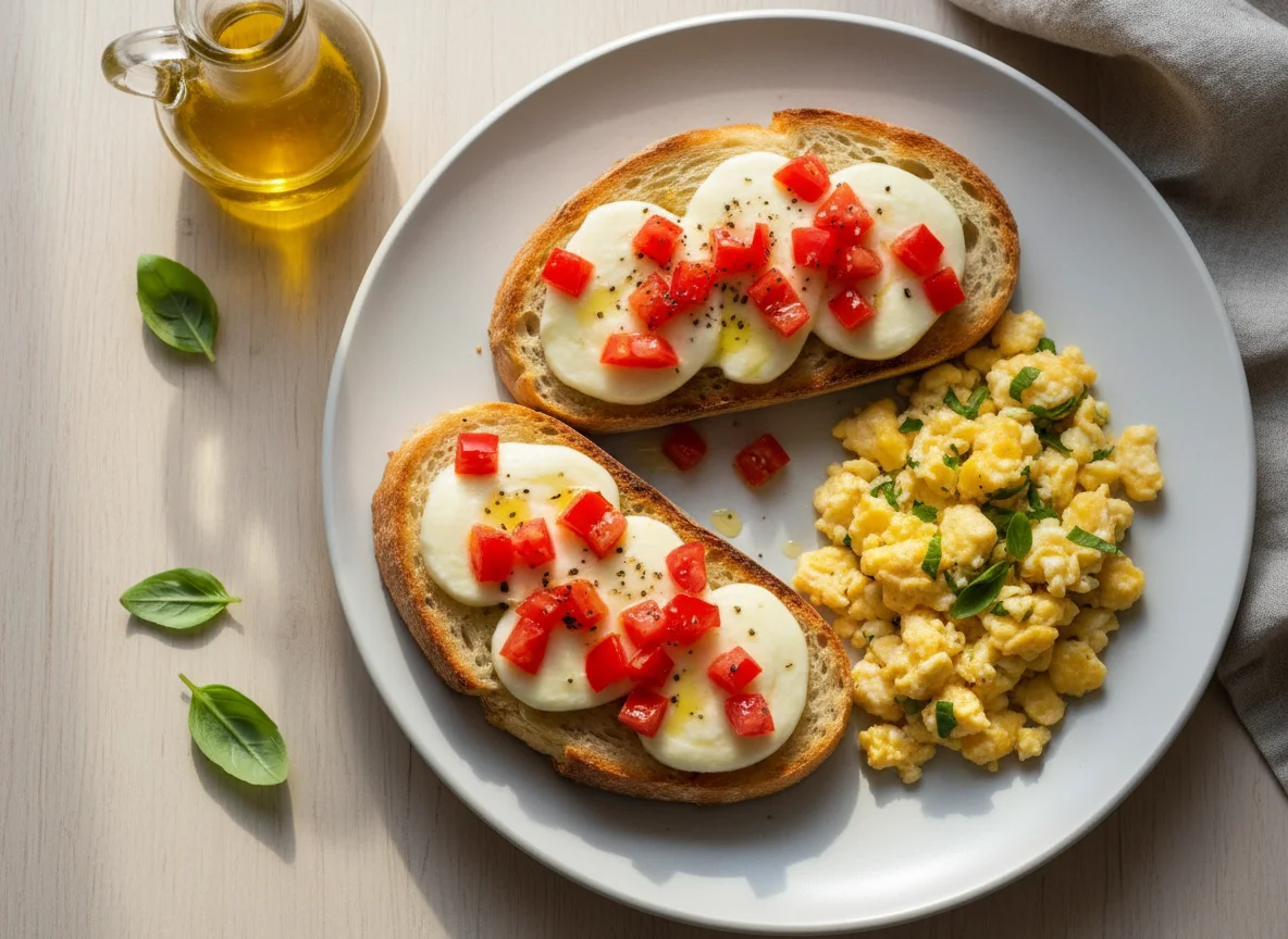 Torrada com tomate e queijo e ovos mexidos photo
