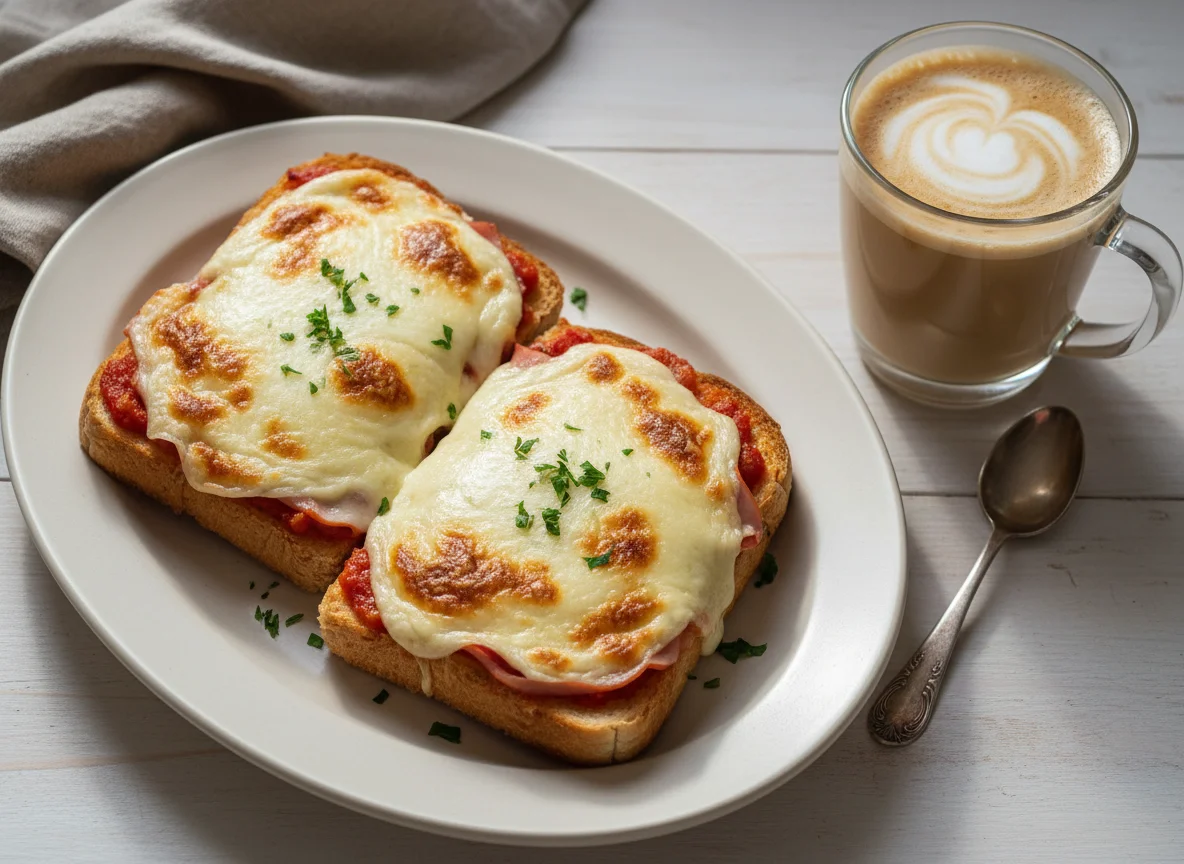 Torrada gratinada com bebida quente photo