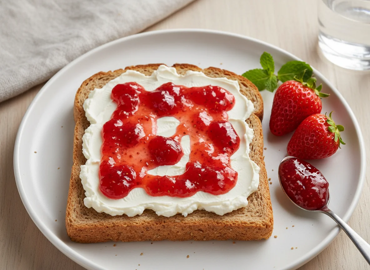 Torrada integral com cream cheese e geleia de morango photo