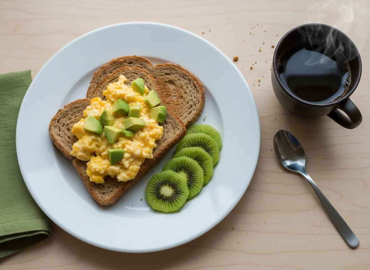 Torradas com abacate e ovos mexidos, kiwi e café photo