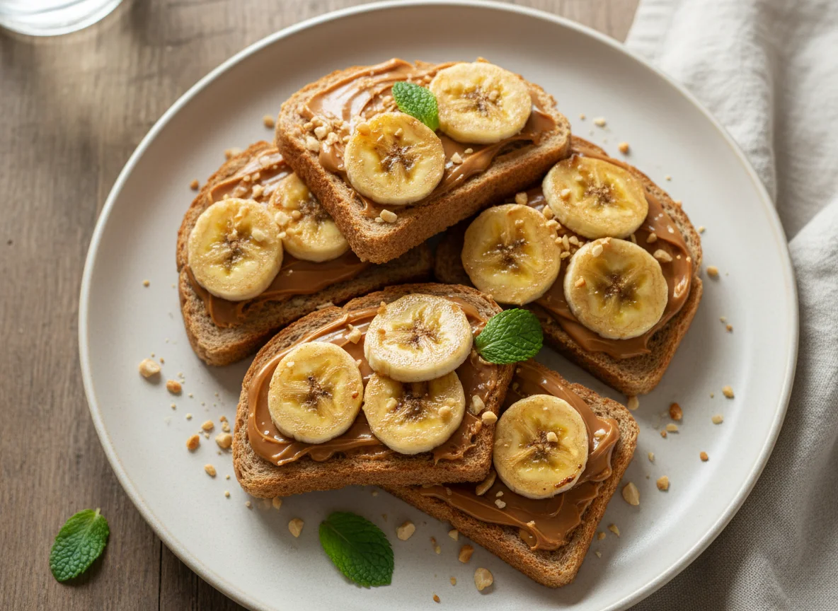 Torradas com banana, doce de leite e pasta de amendoim photo
