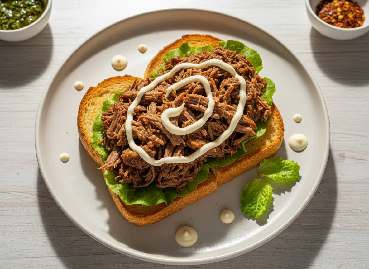 Torradas com carne desfiada e maionese photo