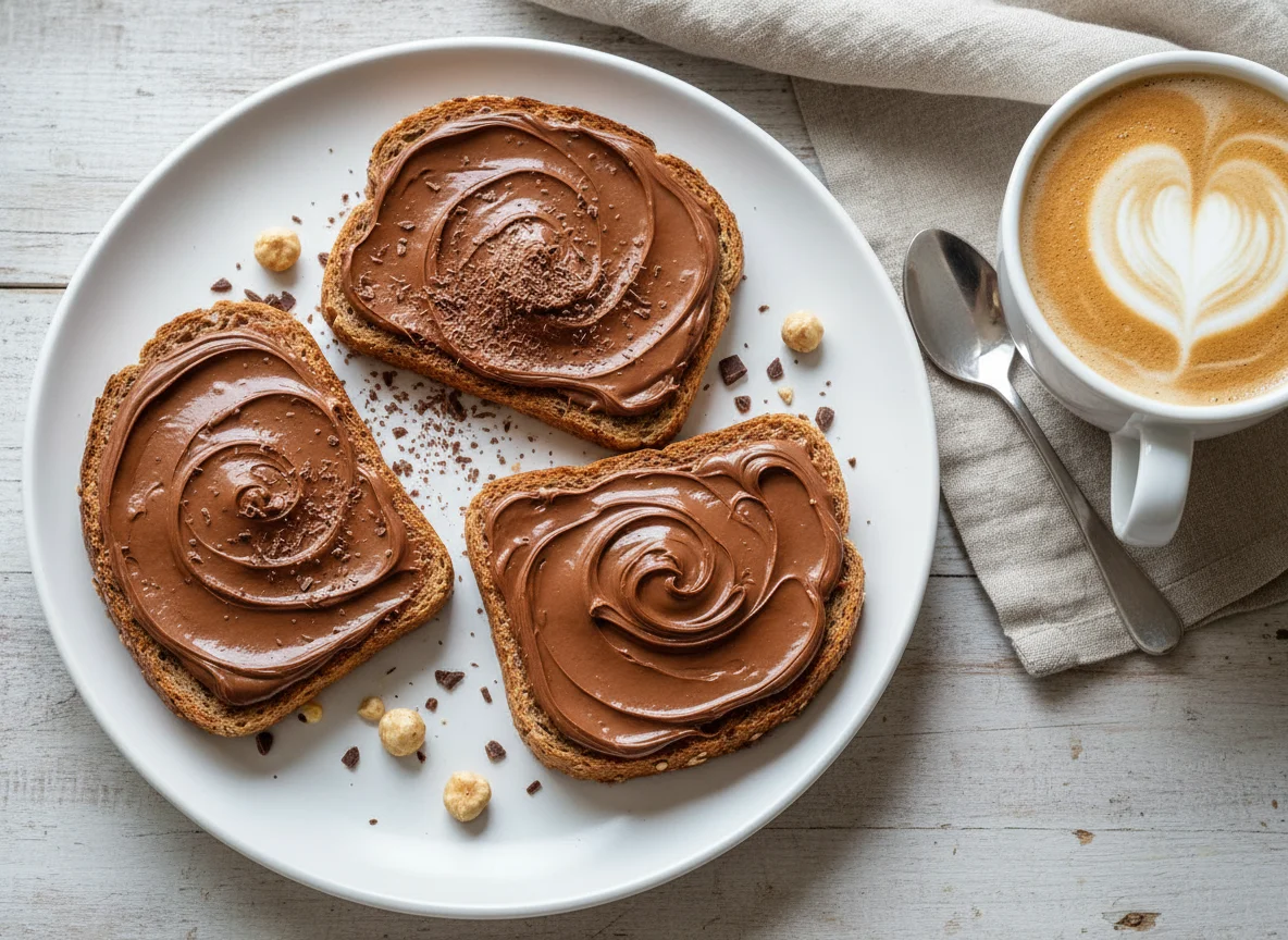 Torradas com creme de avelã e cacau e café com leite photo