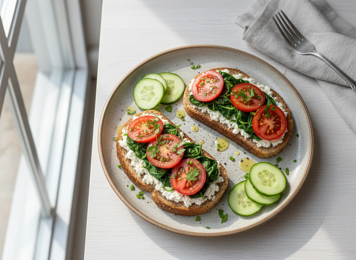 Torradas com espinafre, tomate e queijo cottage photo