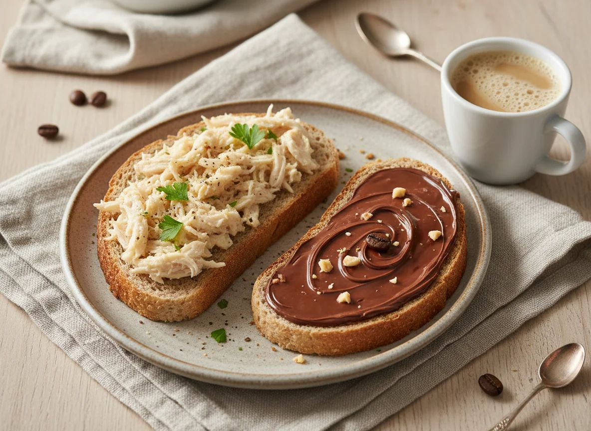 Torradas com frango desfiado e pasta de chocolate com café photo