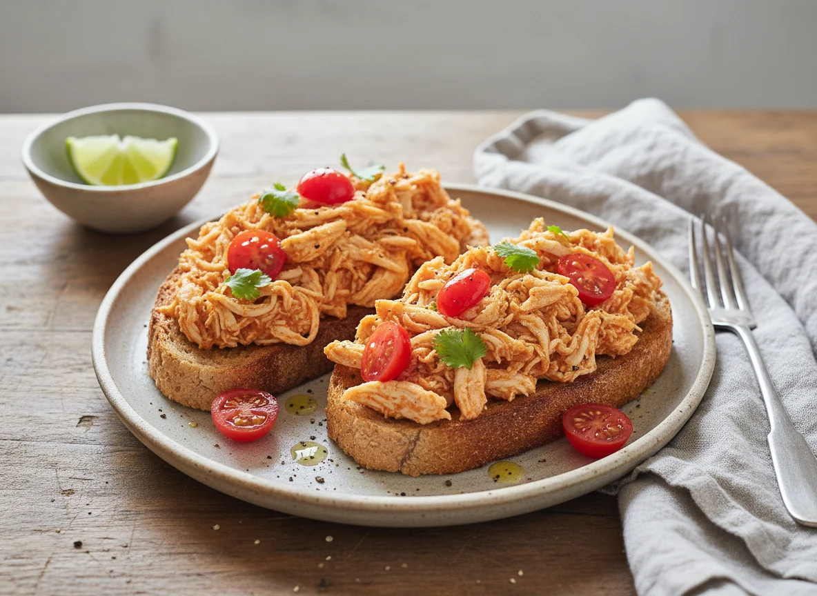 Torradas com frango desfiado e tomate photo