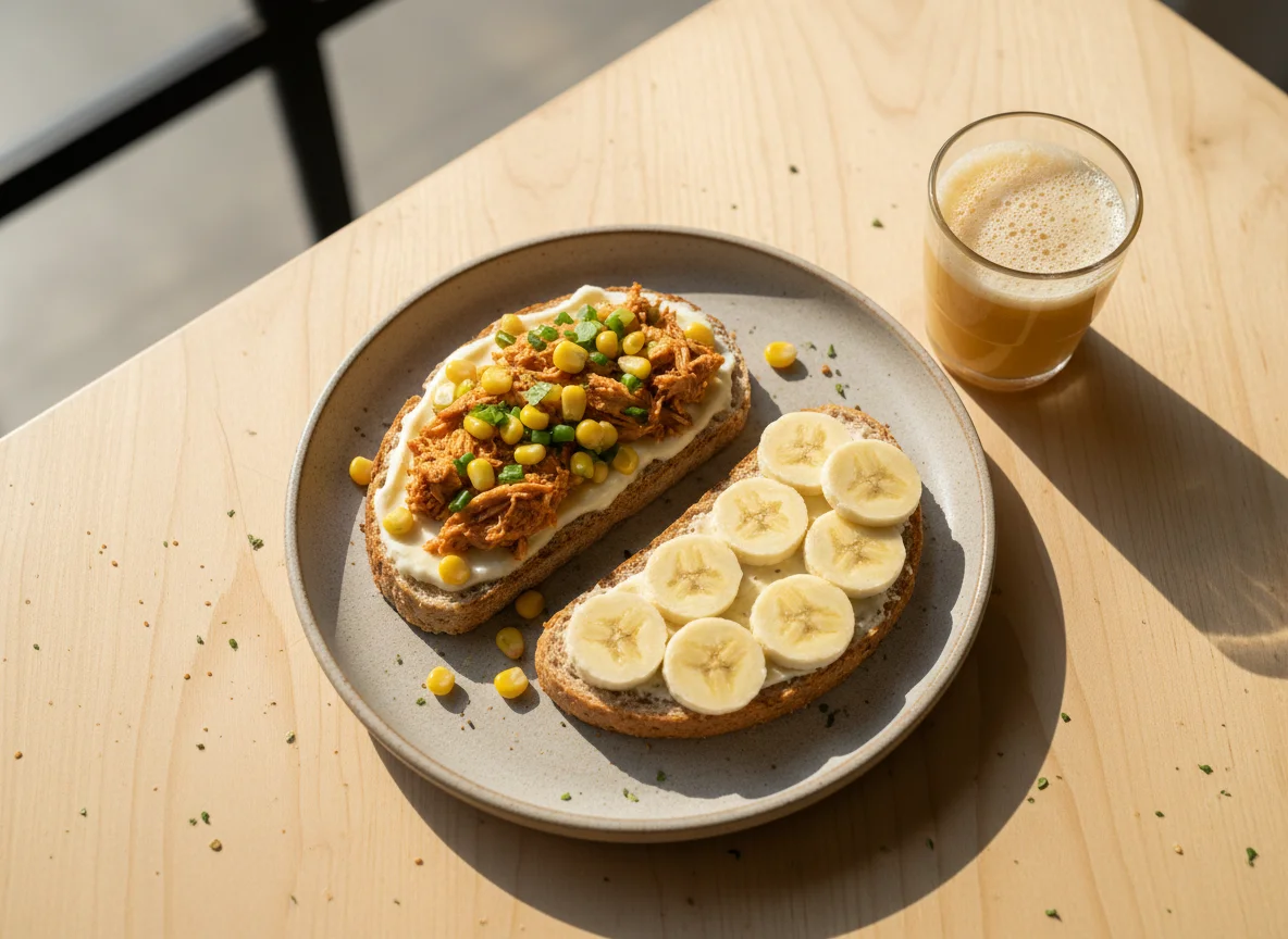 Torradas com frango desfiado, requeijão, banana e suco de fruta photo