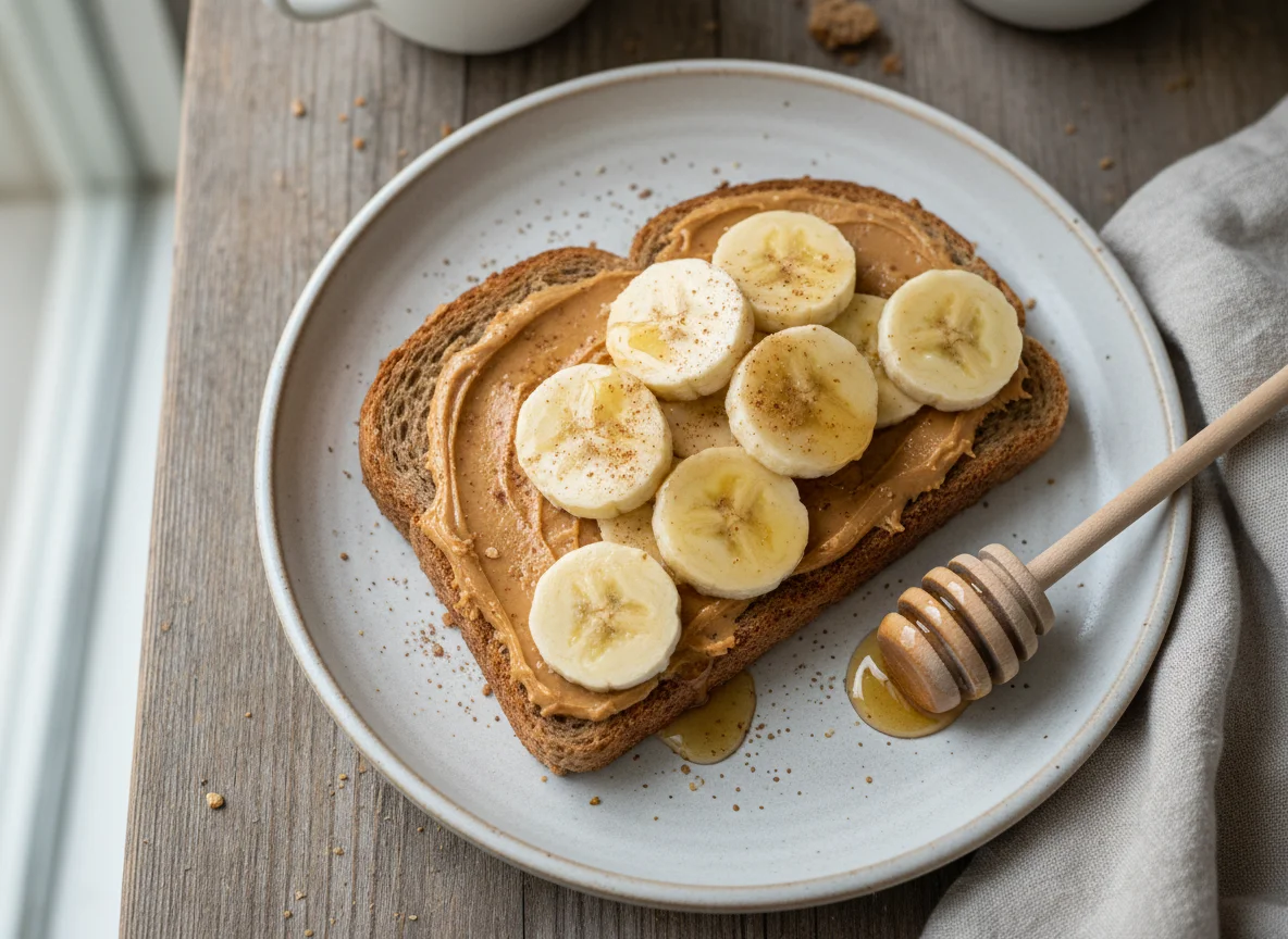 Torradas com manteiga de amendoim, banana e mel photo