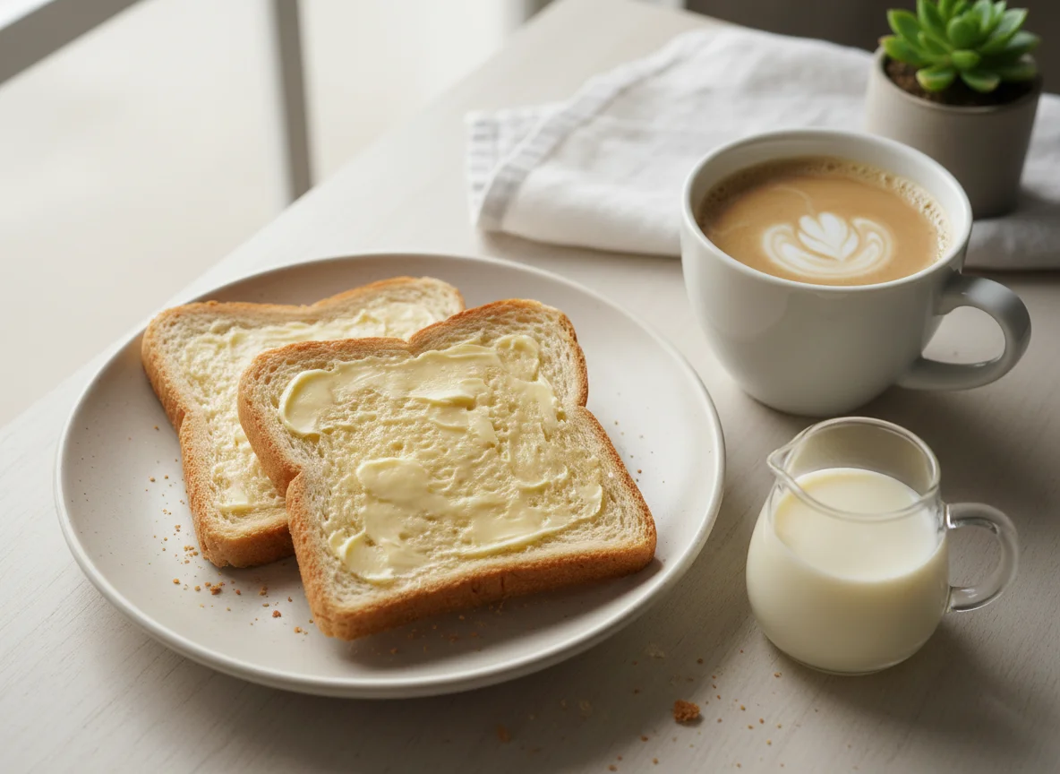 Torradas com manteiga e café com leite photo