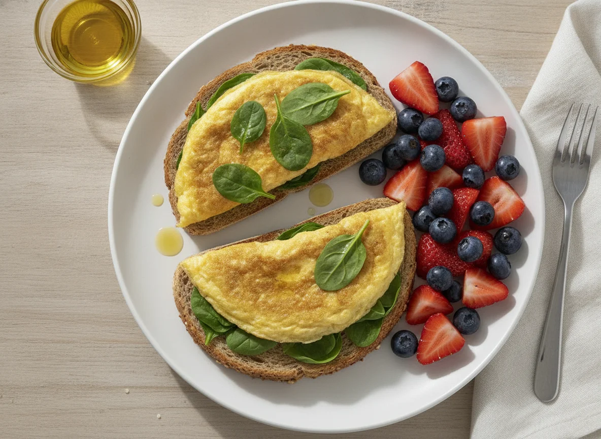 Torradas com omelete de espinafres e fruta fresca photo