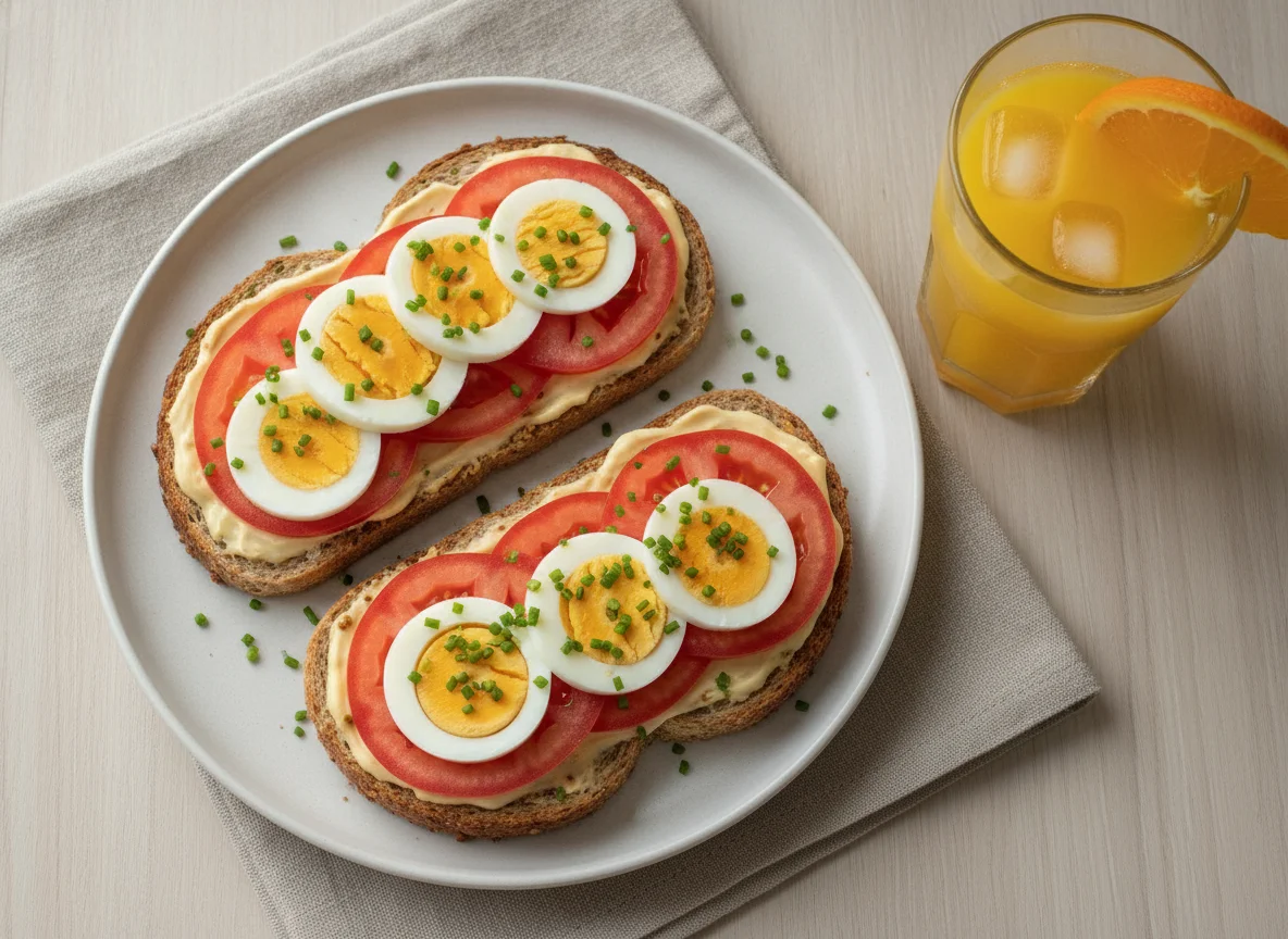Torradas com ovo cozido, tomate e suco de laranja photo