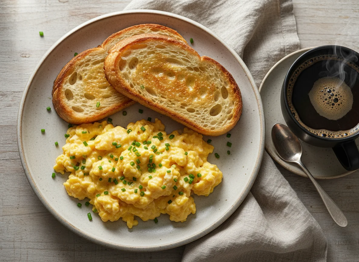 Torradas com ovos mexidos e café photo