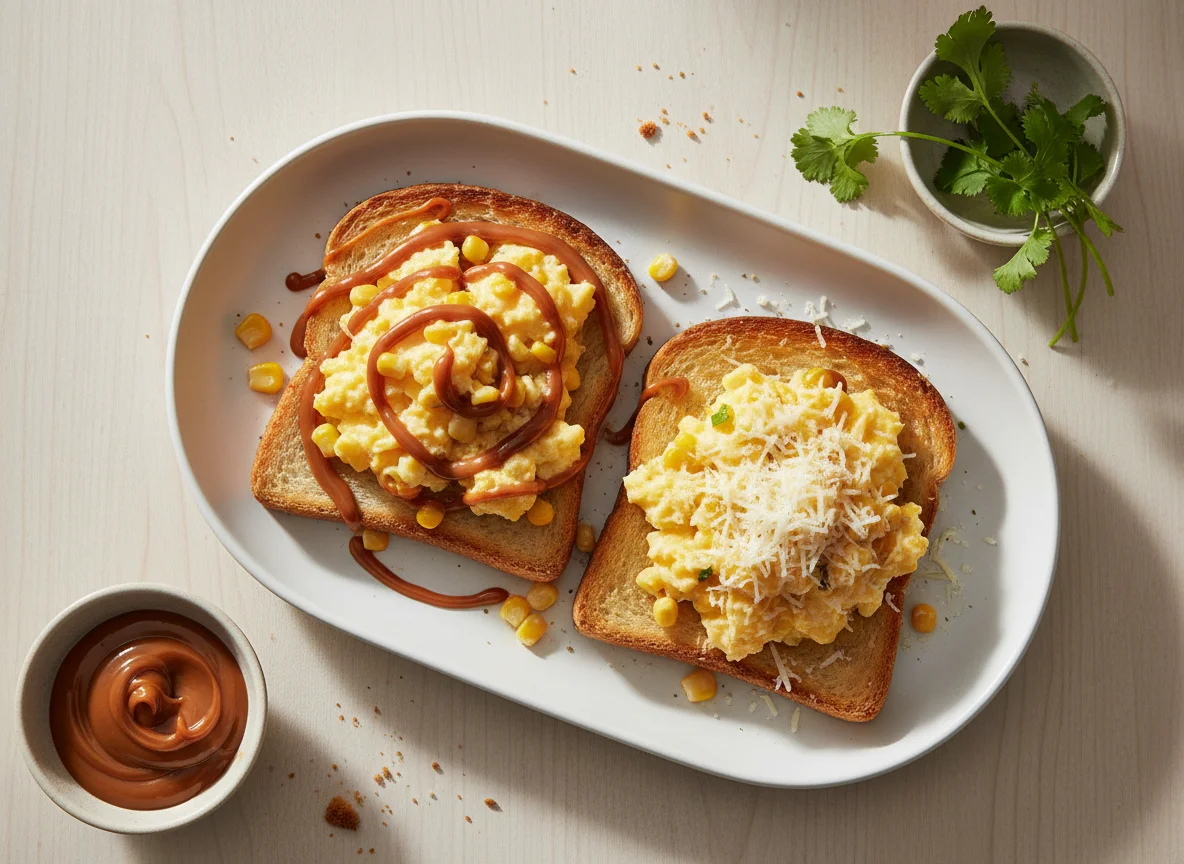 Torradas com ovos mexidos e doce de leite photo