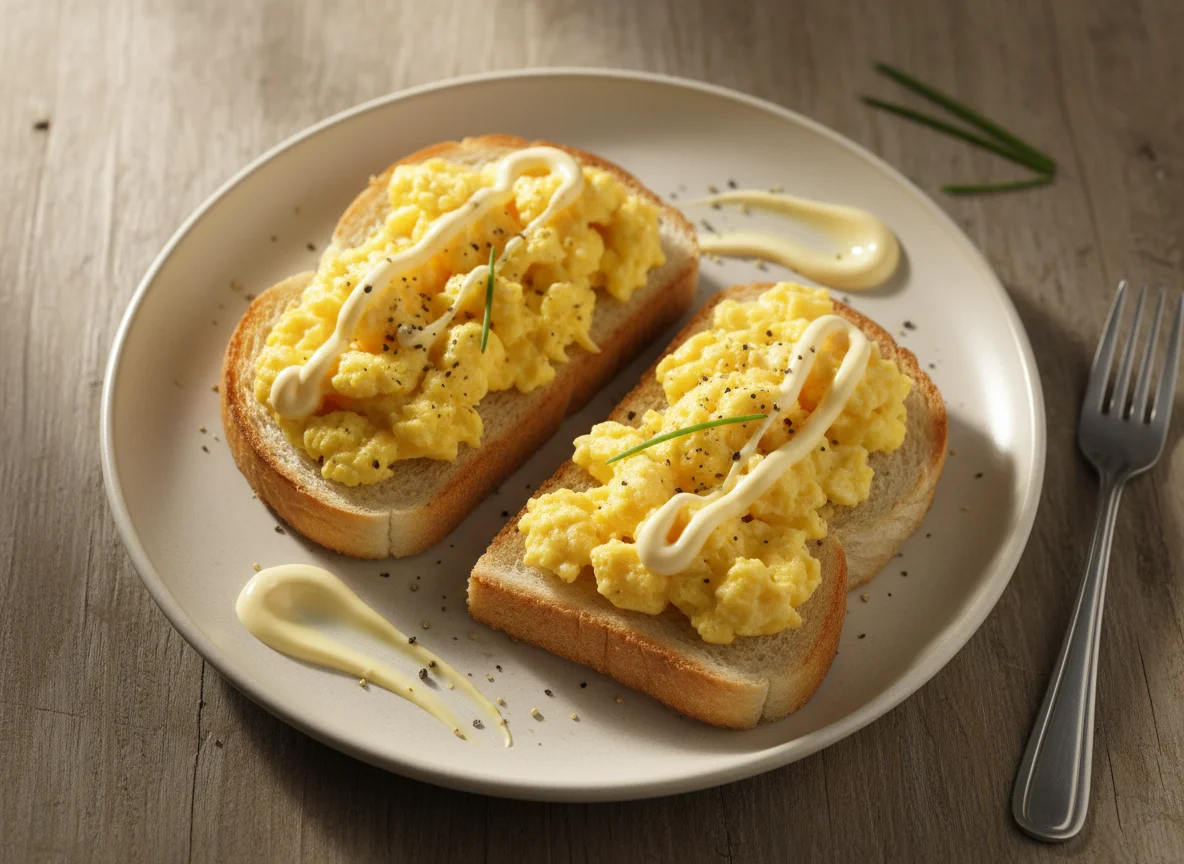 Torradas com ovos mexidos e maionese photo