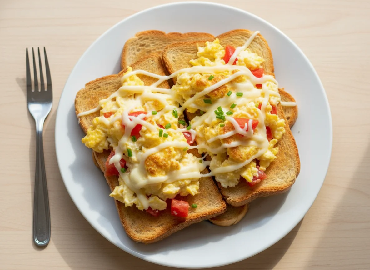 Torradas com ovos mexidos e queijo photo