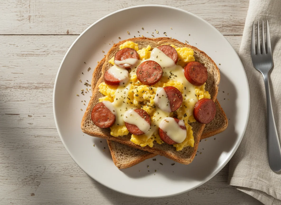 Torradas com ovos mexidos e salsicha photo