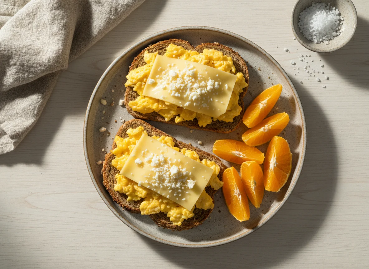 Torradas com ovos mexidos, queijo e laranja photo