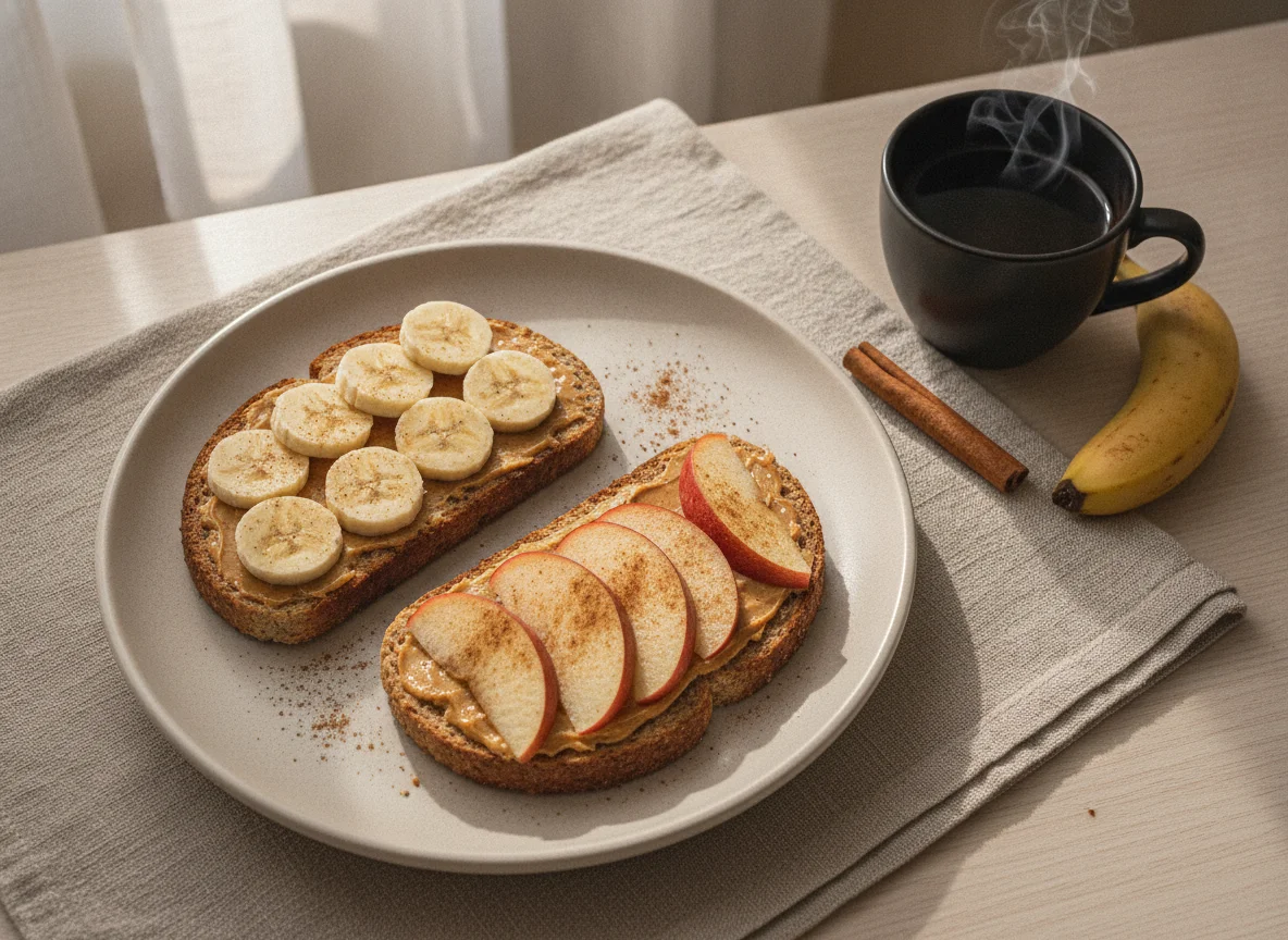 Torradas com pasta de amendoim, banana e maçã photo