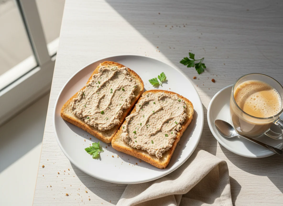 Torradas com patê de atum e café com leite photo