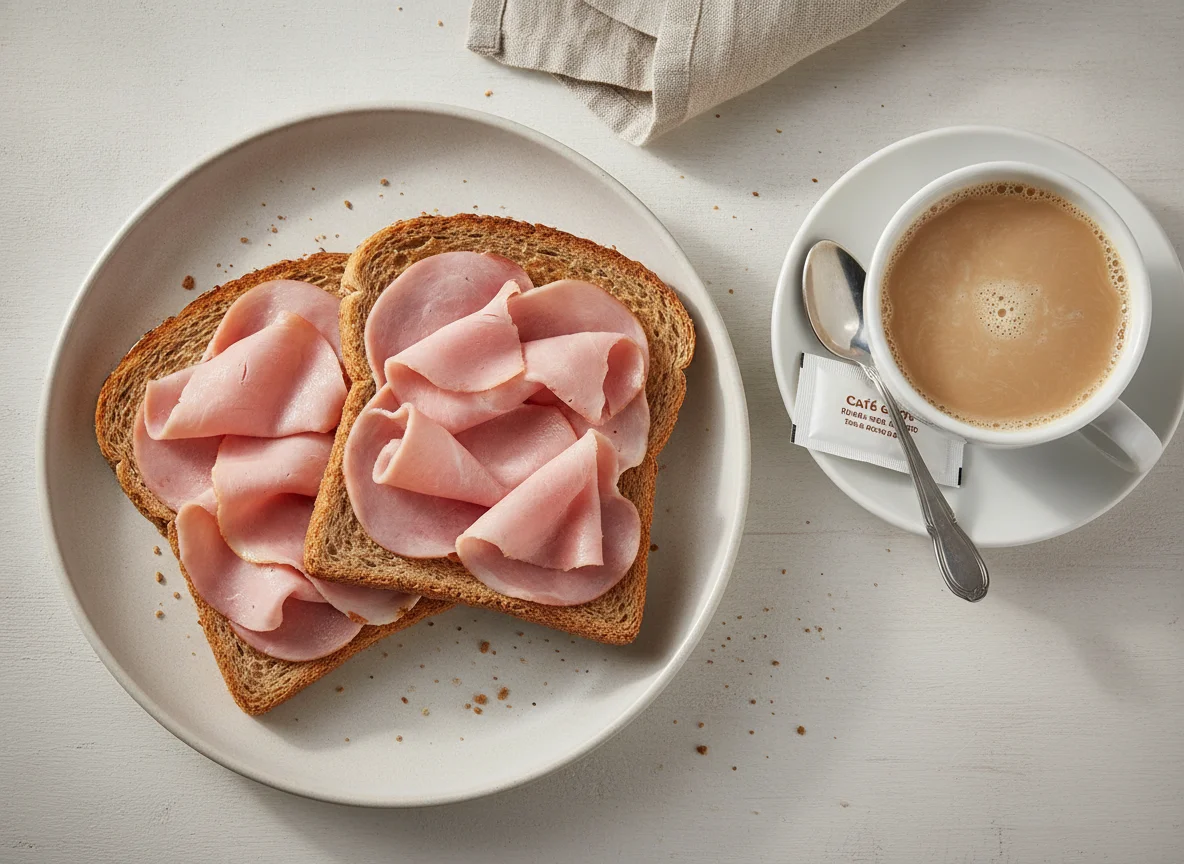 Torradas com presunto e café com leite photo