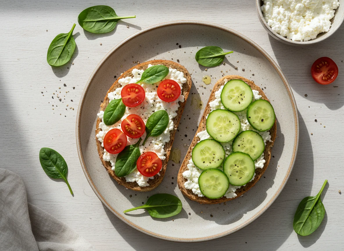 Torradas com queijo cottage, tomate e espinafre photo