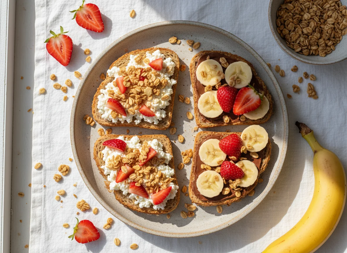 Torradas com queijo cottage, torradas com banana e morangos photo