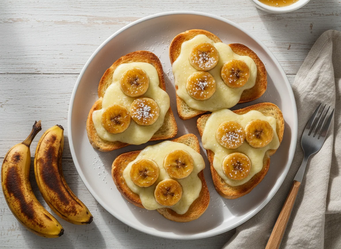 Torradas com queijo e banana caramelizada photo