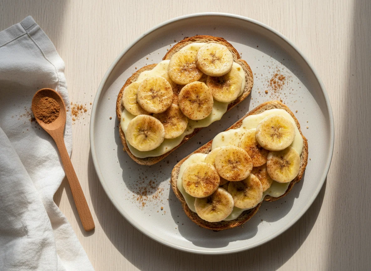 Torradas com queijo e banana cozida com canela photo