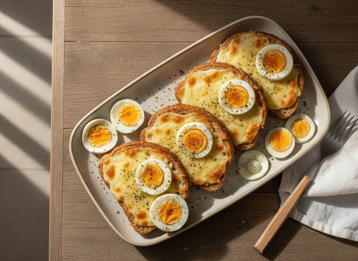 Torradas com queijo e ovos cozidos photo