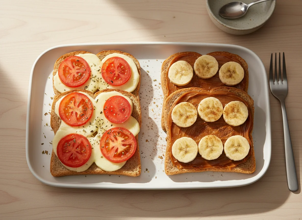 Torradas com queijo e tomate e torrada com doce de leite e banana photo