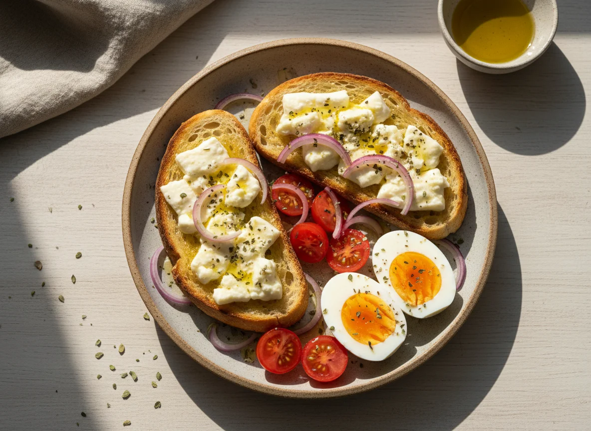 Torradas com queijo, ovos e tomate photo