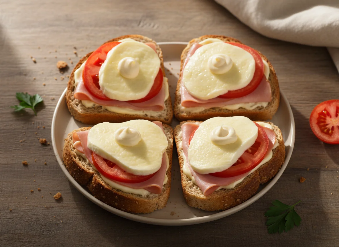 Torradas com queijo, presunto, tomate e maionese photo