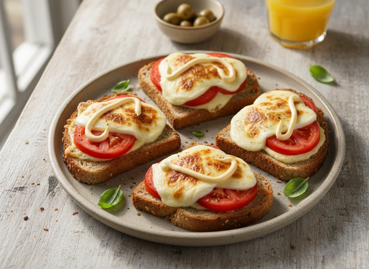 Torradas com queijo, tomate e maionese photo