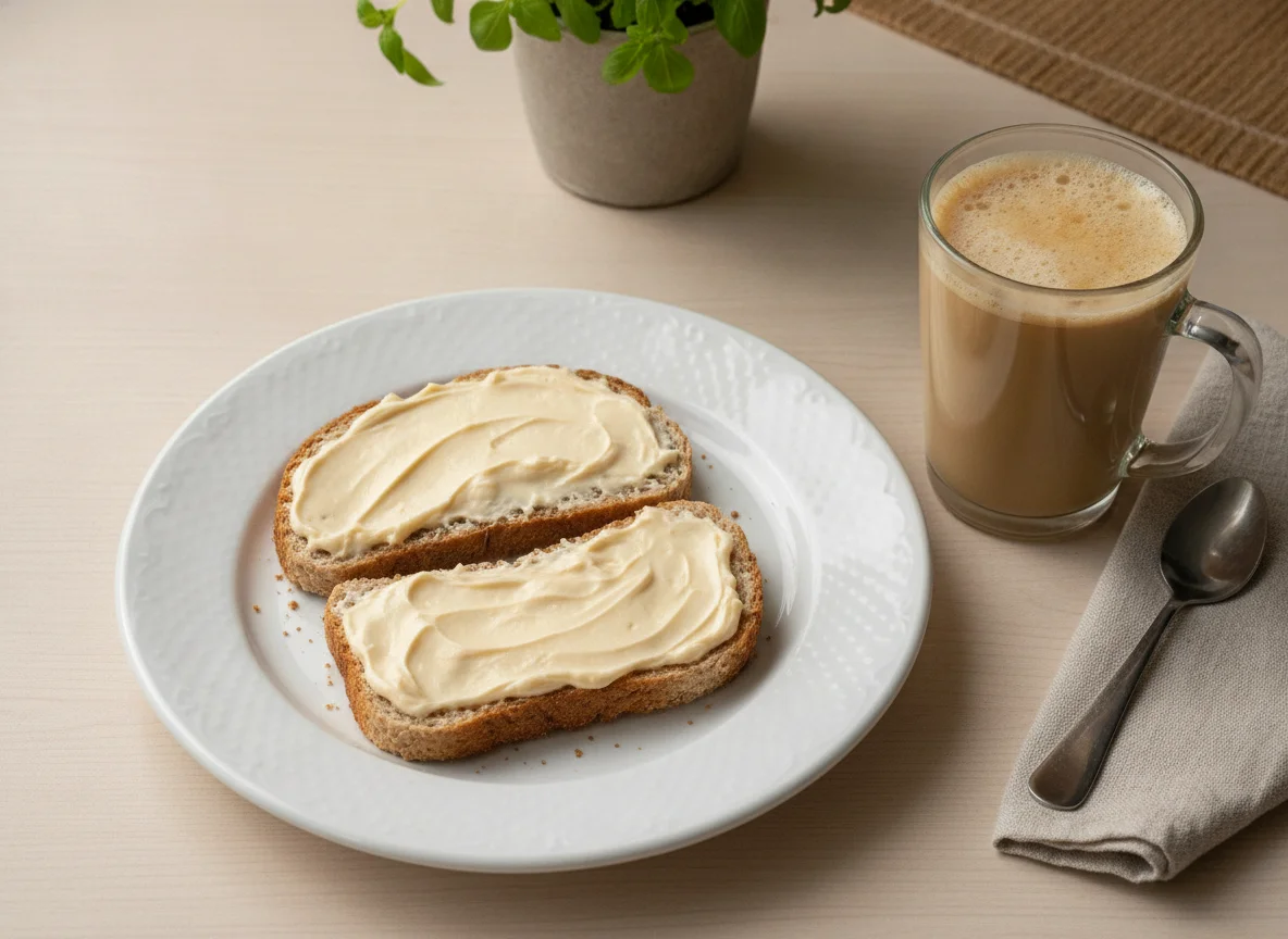 Torradas com requeijão e café com leite photo