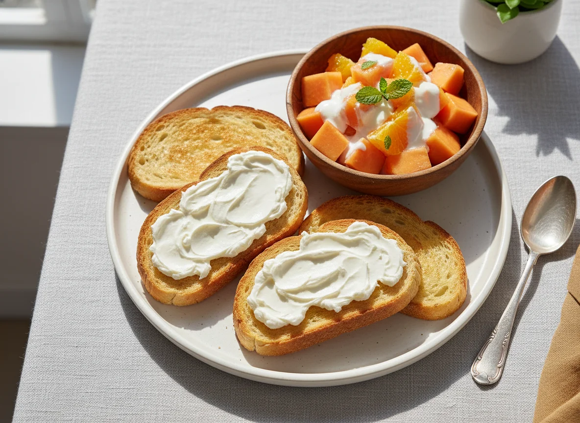 Torradas com Requeijão e Salada de Frutas com Creme photo