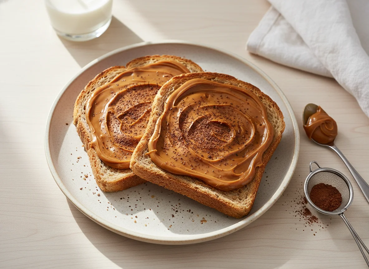 Torradas de pão integral com doce de leite e achocolatado photo