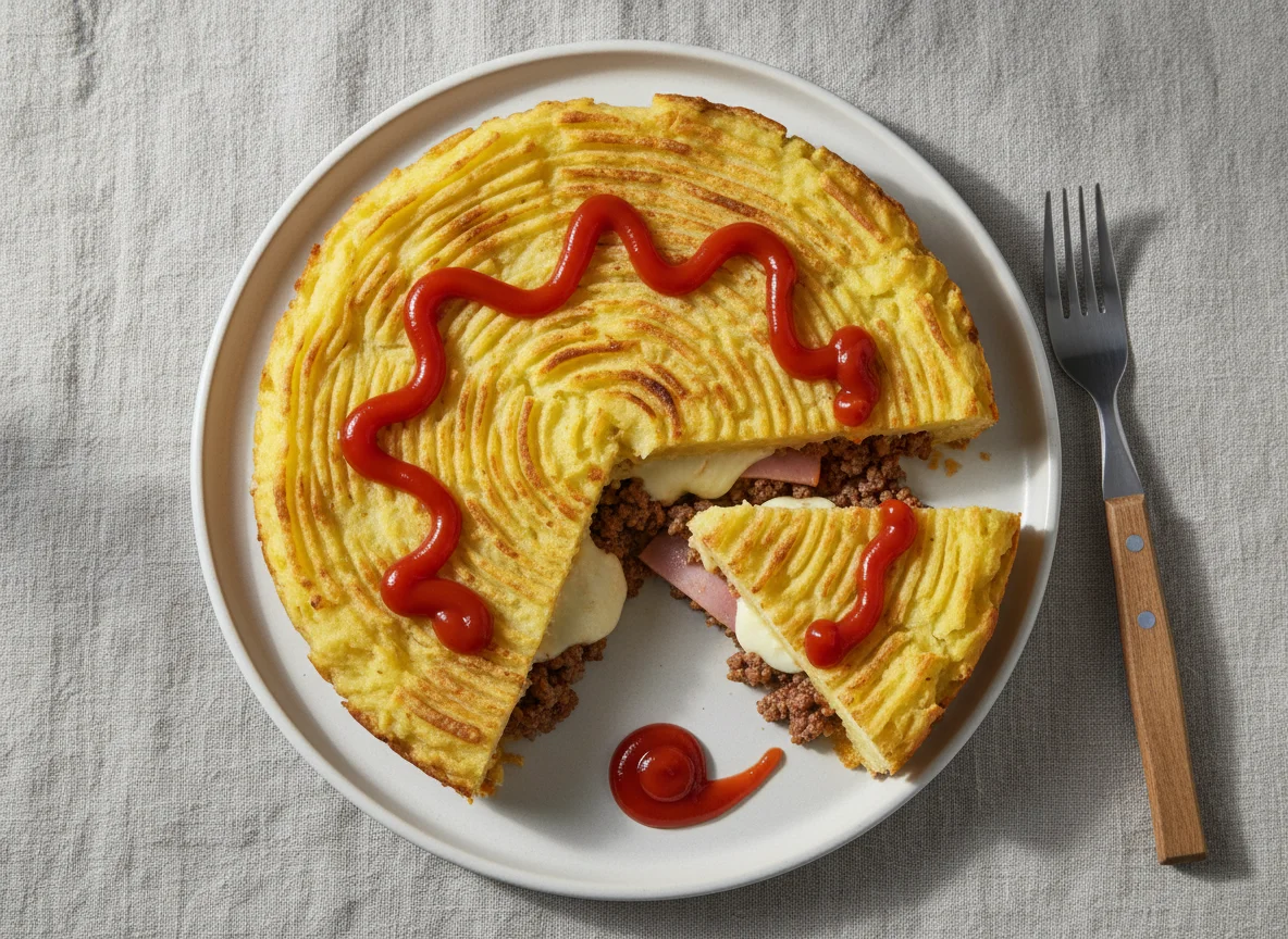 Torta de carne moída e presunto com purê e ketchup photo