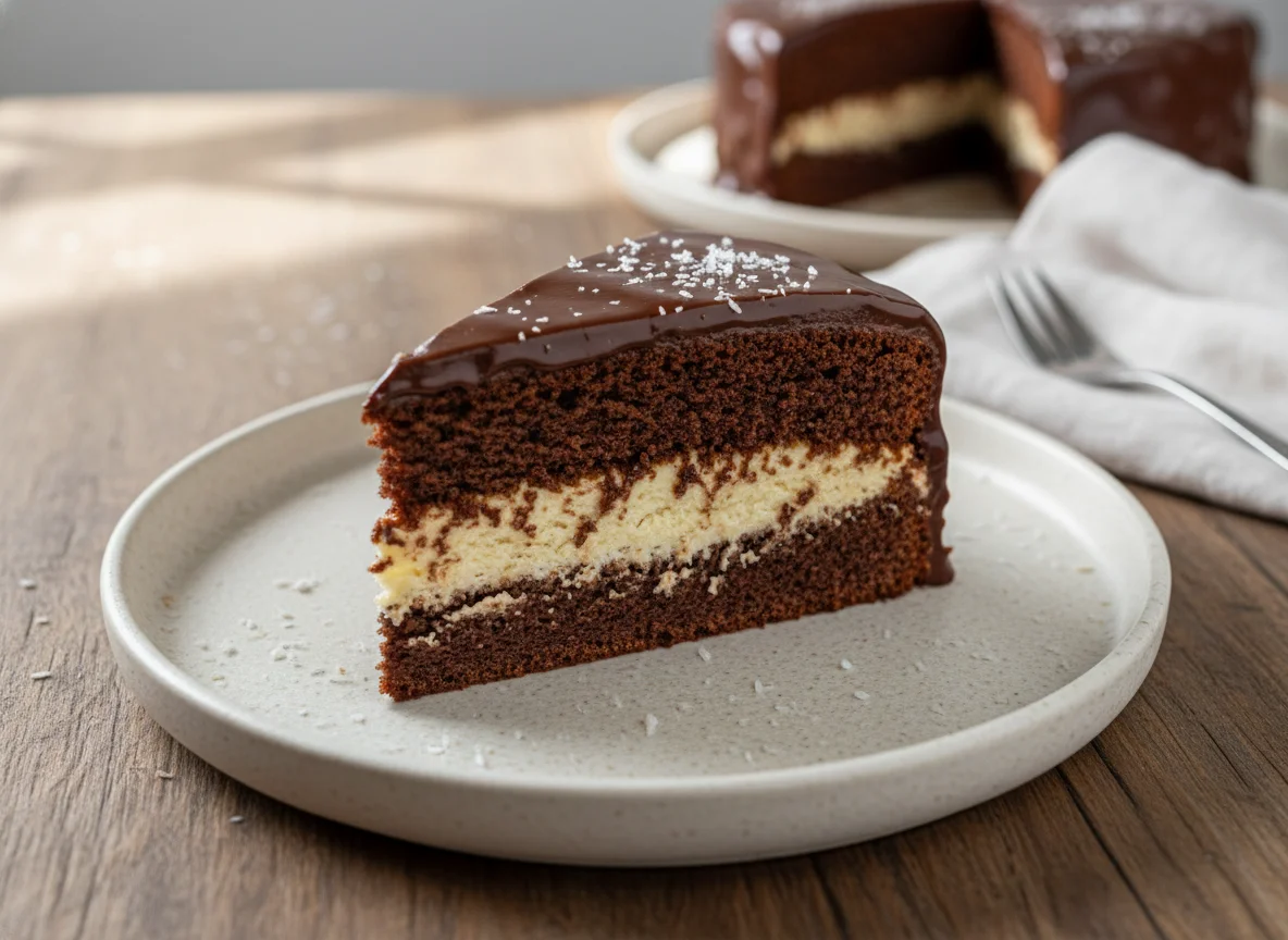Torta de chocolate e baunilha com doce de coco e ganache photo