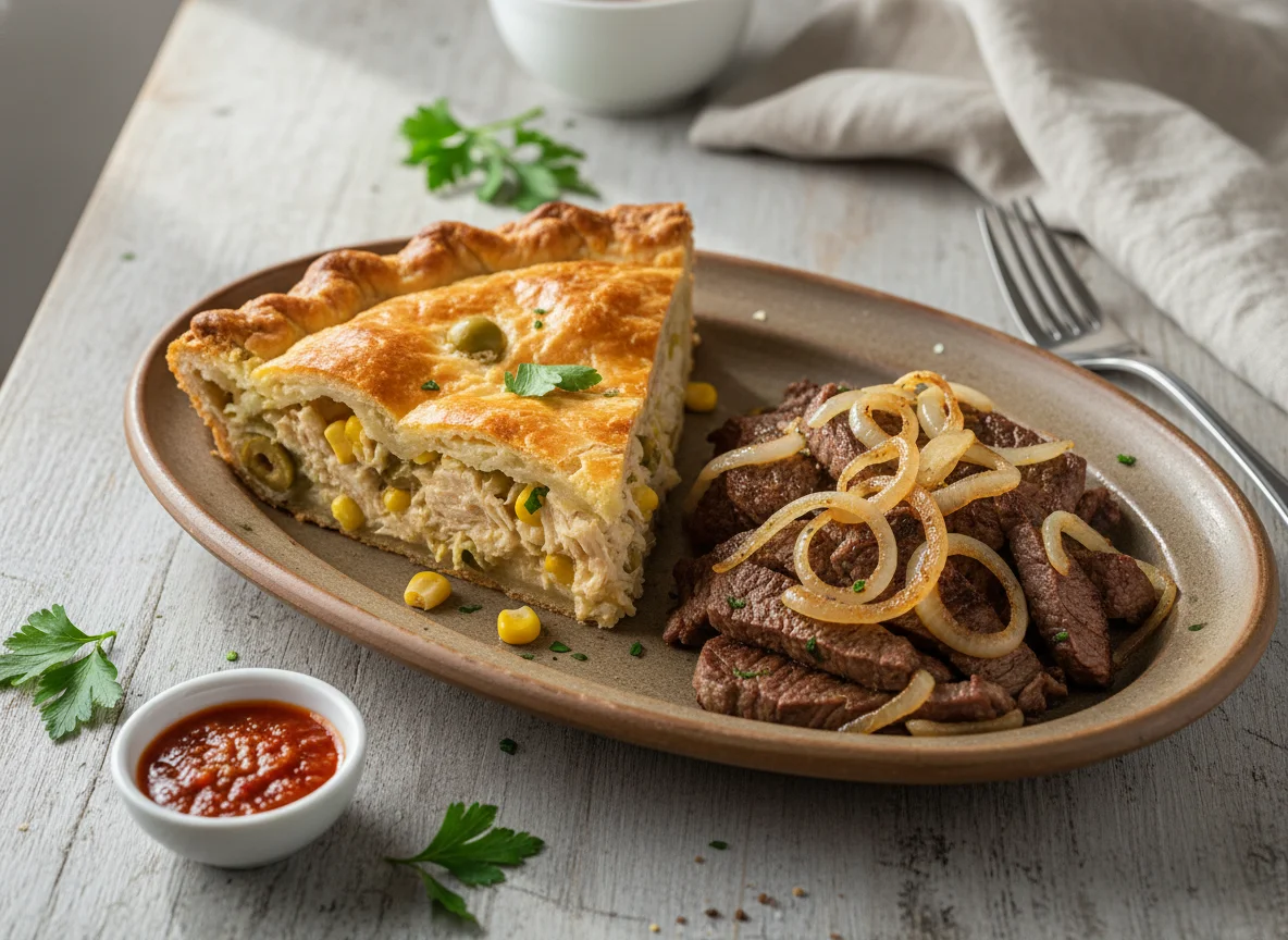Torta de frango e bife acebolado photo