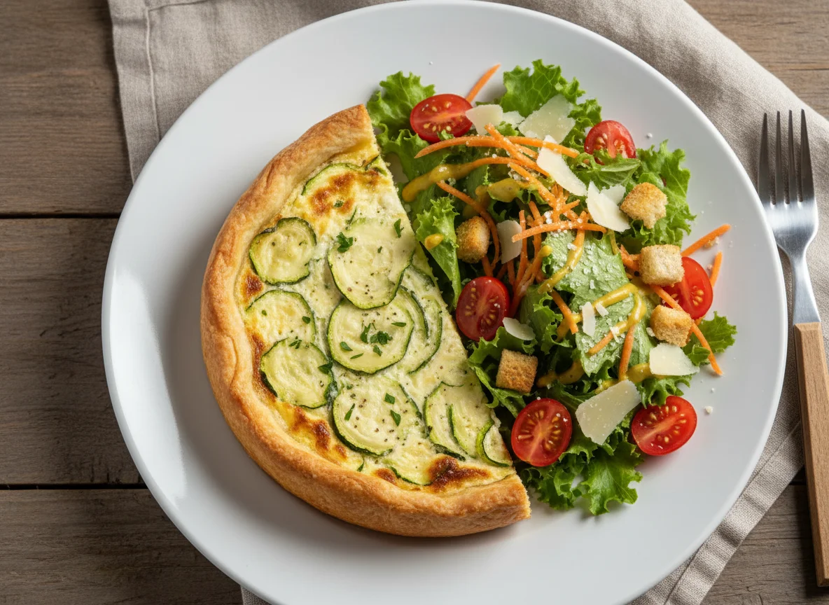 Torta de queijo fresco com abobrinha e salada photo