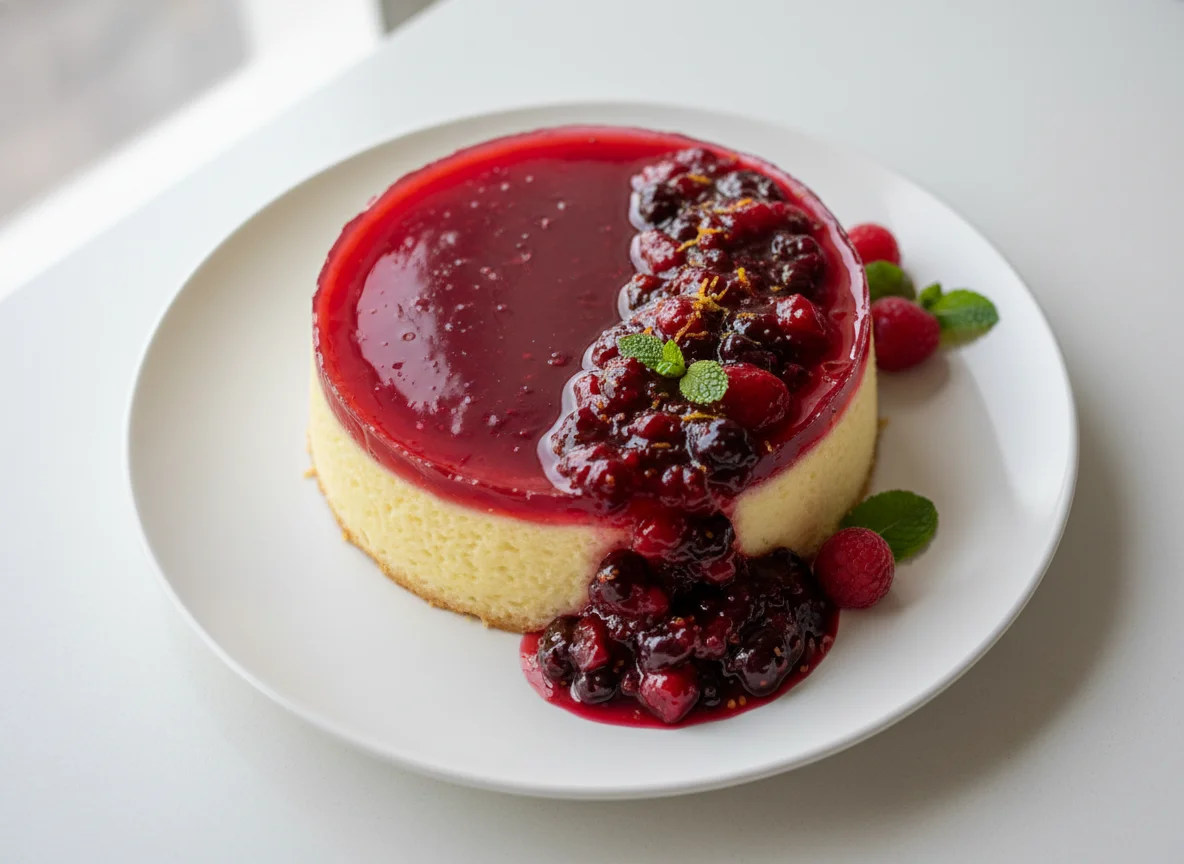 Torta de requeijão com gelatina e calda photo