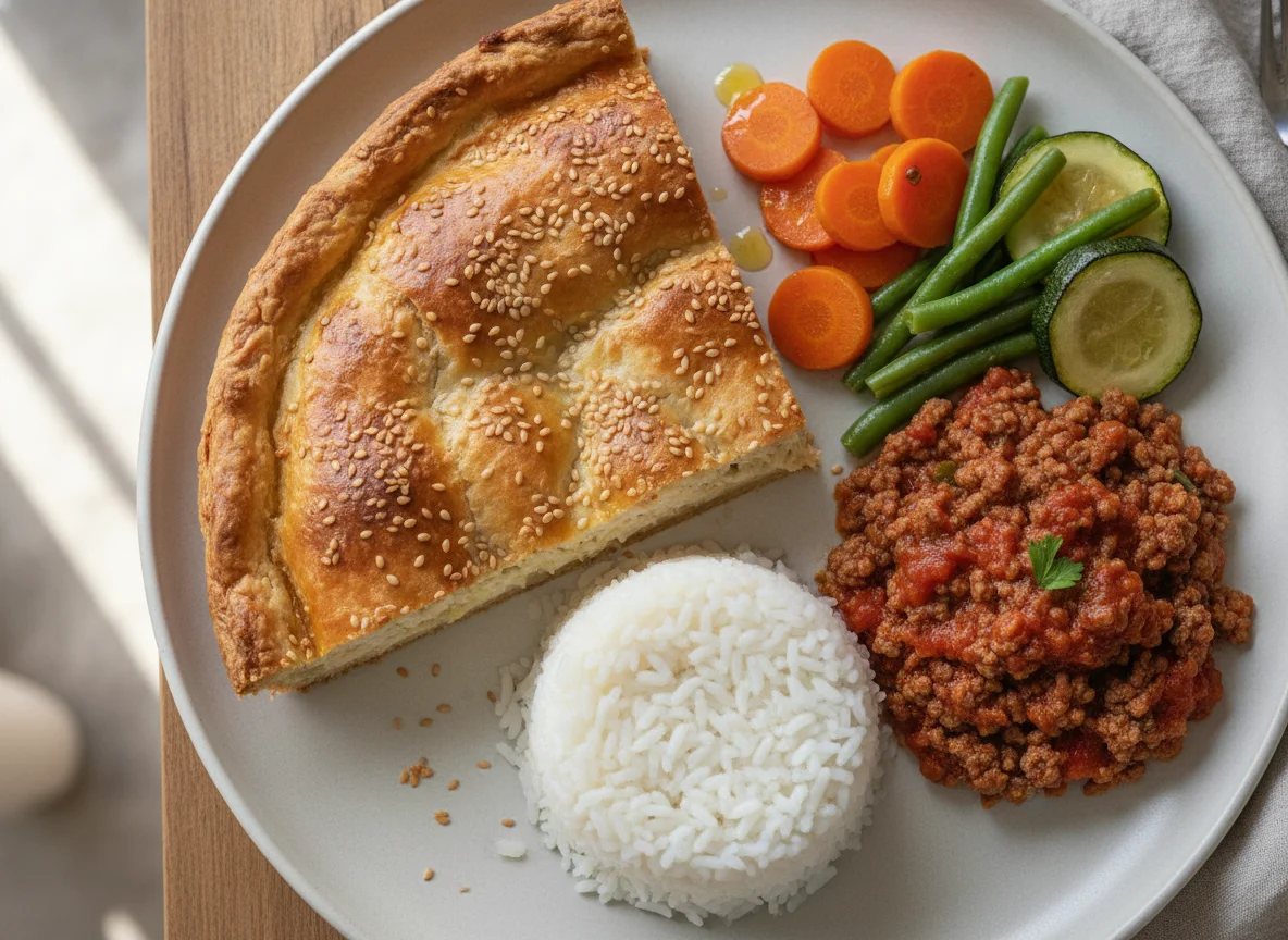 Torta salgada com arroz, legumes e carne moída photo