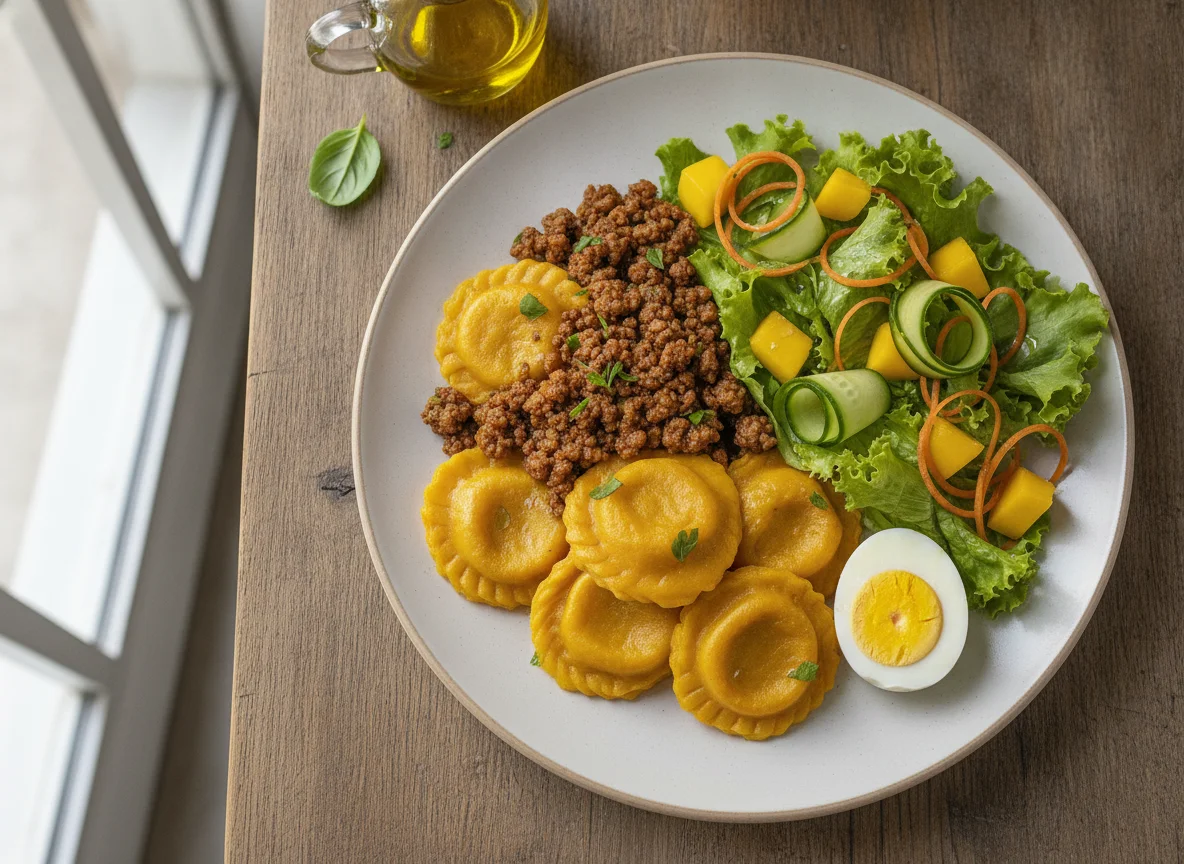 Tortei de abóbora com carne moída, ovo e salada photo