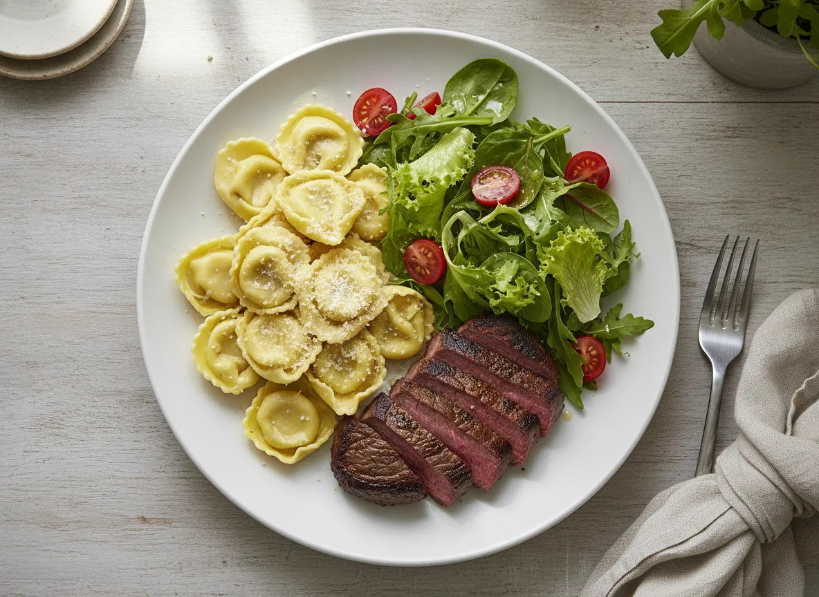 Tortellini com Filé Mignon e Salada Verde photo